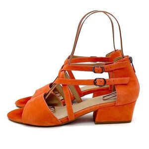 Eileen Fisher Strappy Block Heel Sandals Orange Suede Sz 8.5 Leather Zip Buckle